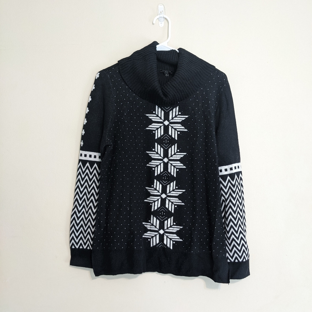 Talbots Nordic Fair Isle Snowflake Lambswool Ski Sweater Black/White Size PL NWT